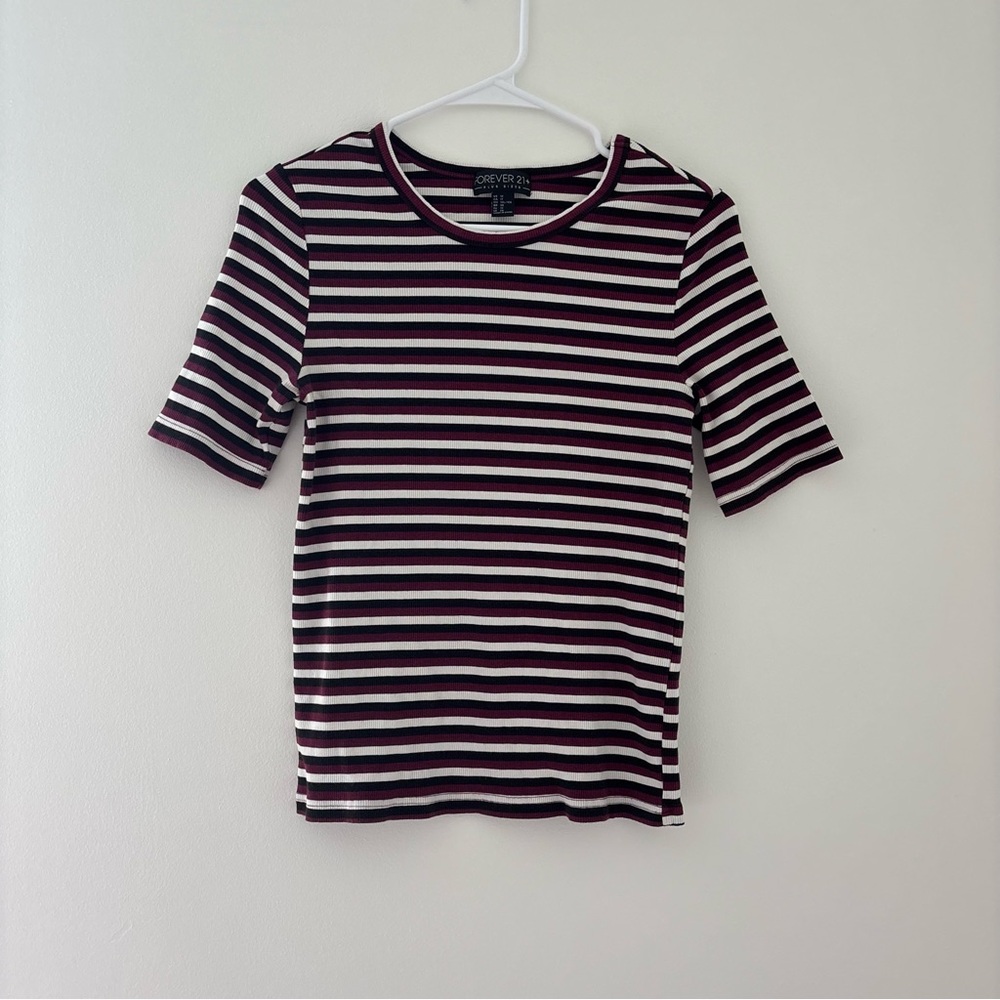 Forever 21 Striped Maroon Black and White Tee